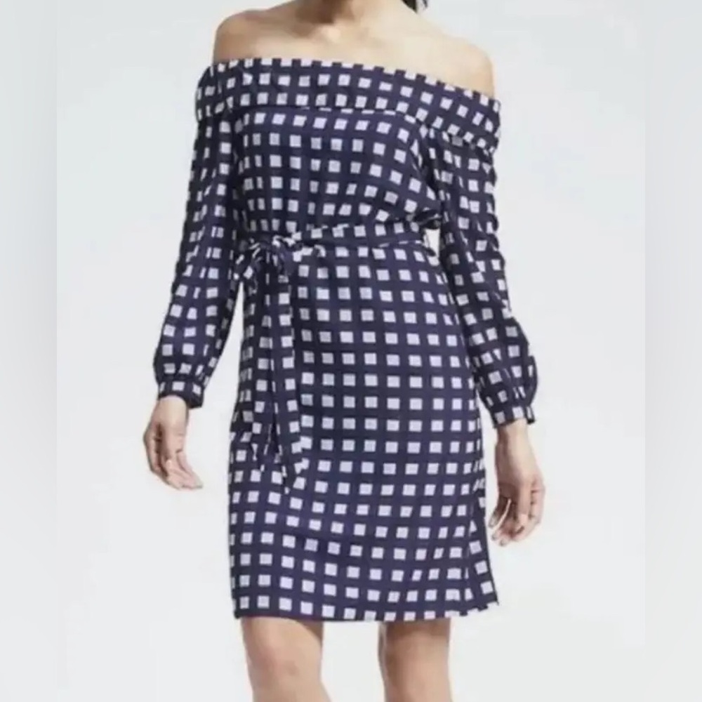 Banana Republic Navy White Gingham Tie-Waist Off the Shoulder Dress Size S